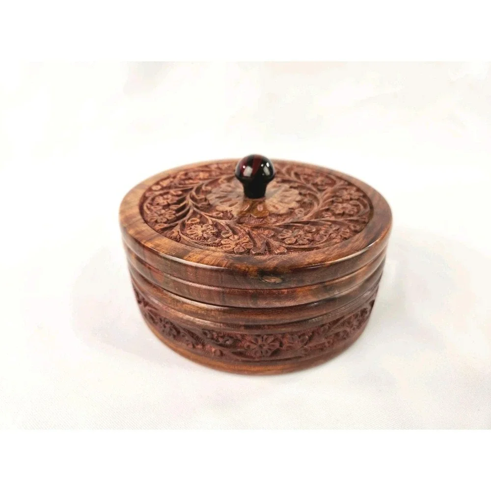 Handcrafted Wooden Chapati Box Wood Divided Floral Carving Decorative Container